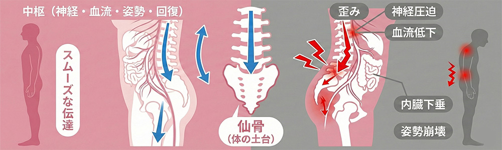 仙骨が正常な場合と乱れた場合の図